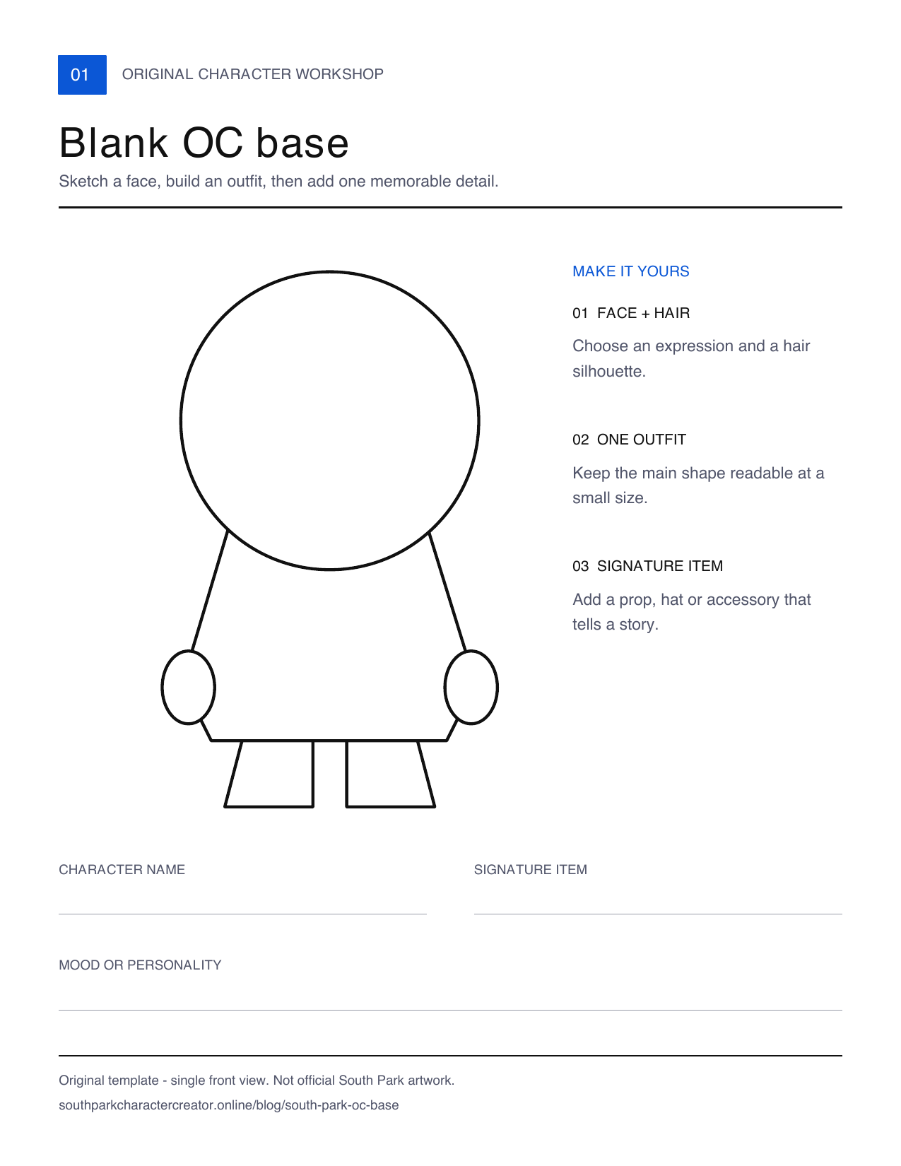 Printable blank OC base with a single front-view character outline and spaces for a name, signature item and personality