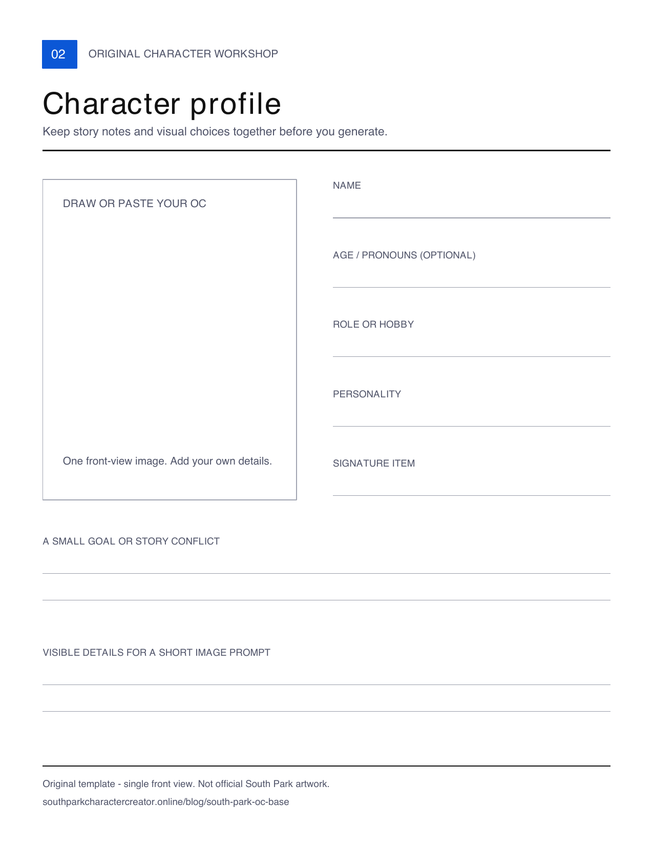 Blank character profile worksheet with a portrait area, name, optional age and pronouns, role, personality, signature item, story conflict and prompt lines