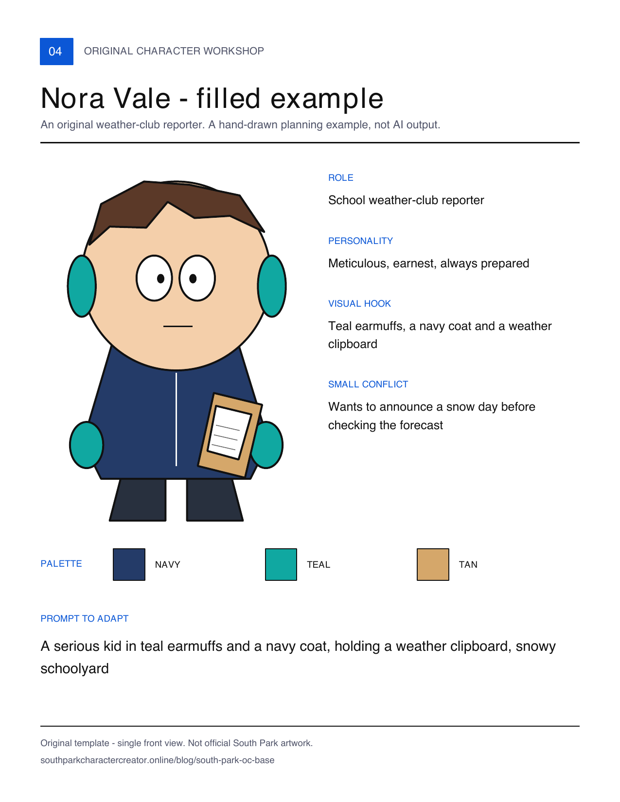 Original filled worksheet for Nora Vale, a weather-club reporter with teal earmuffs, navy coat and clipboard, alongside personality notes and a short prompt