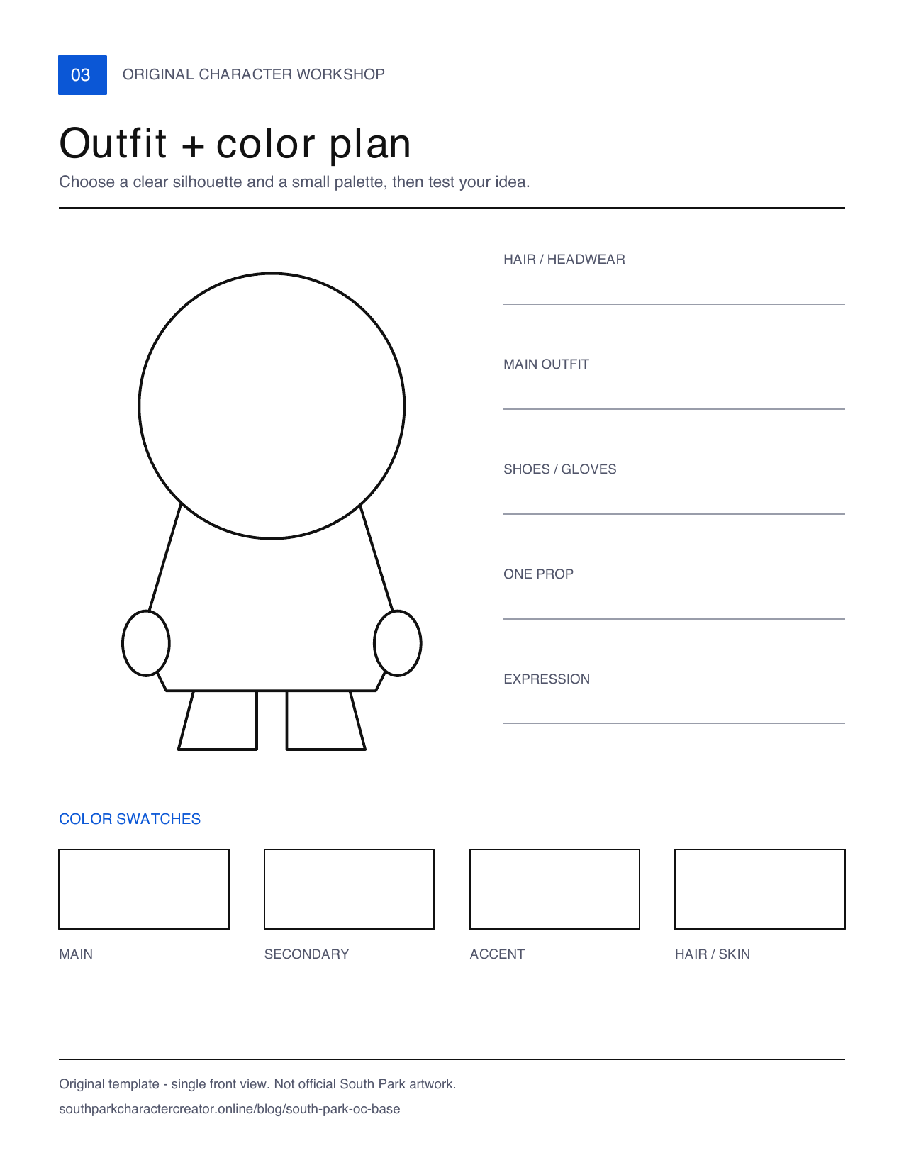Original outfit planning worksheet with a blank character outline, clothing and prop fields, and four empty color swatches