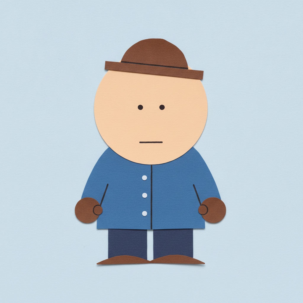 Actual generated test result: a cut-paper character wearing a blue coat and brown hat